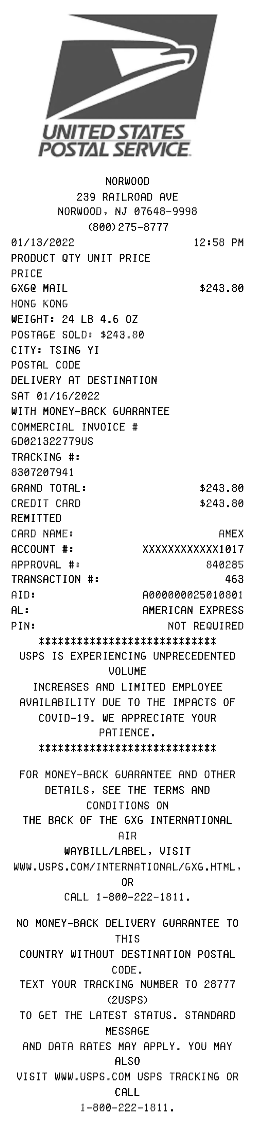 United States Postal Service receipt