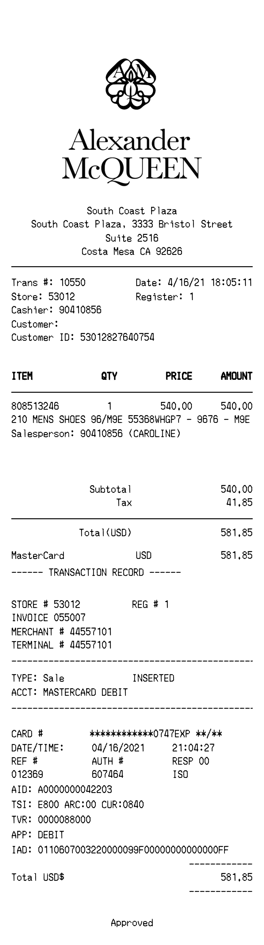 Alexander McQueen receipt