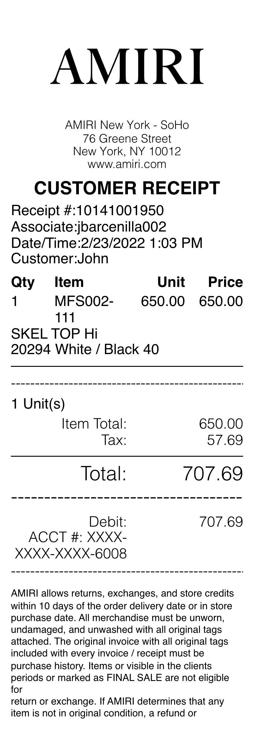 Amiri receipt