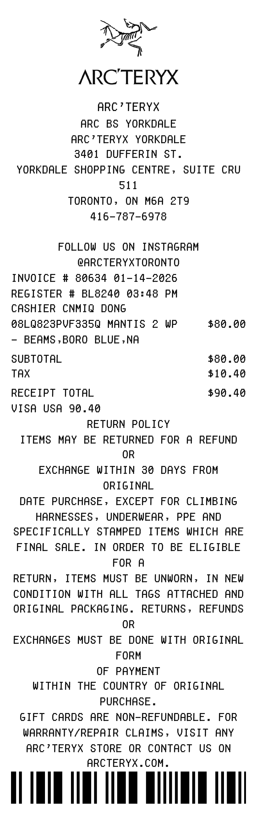 Arcteryx receipt