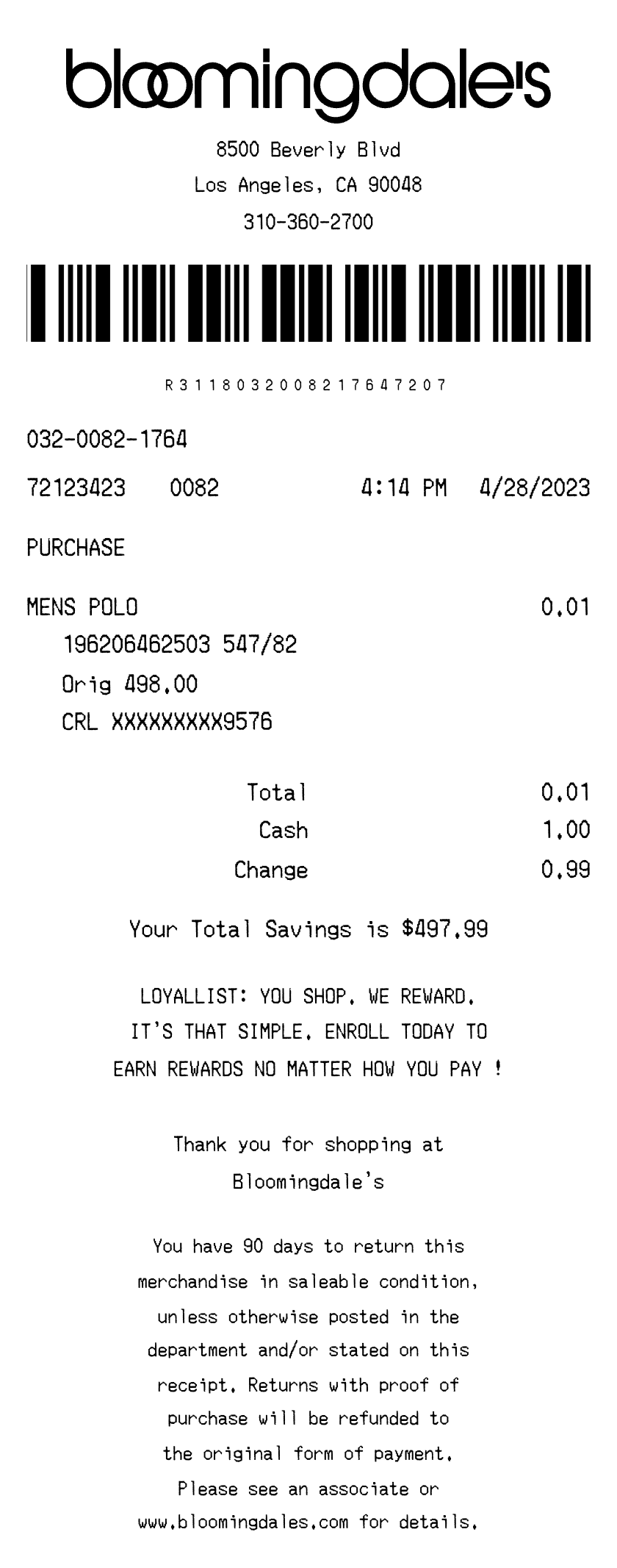 Bloomingdale's receipt