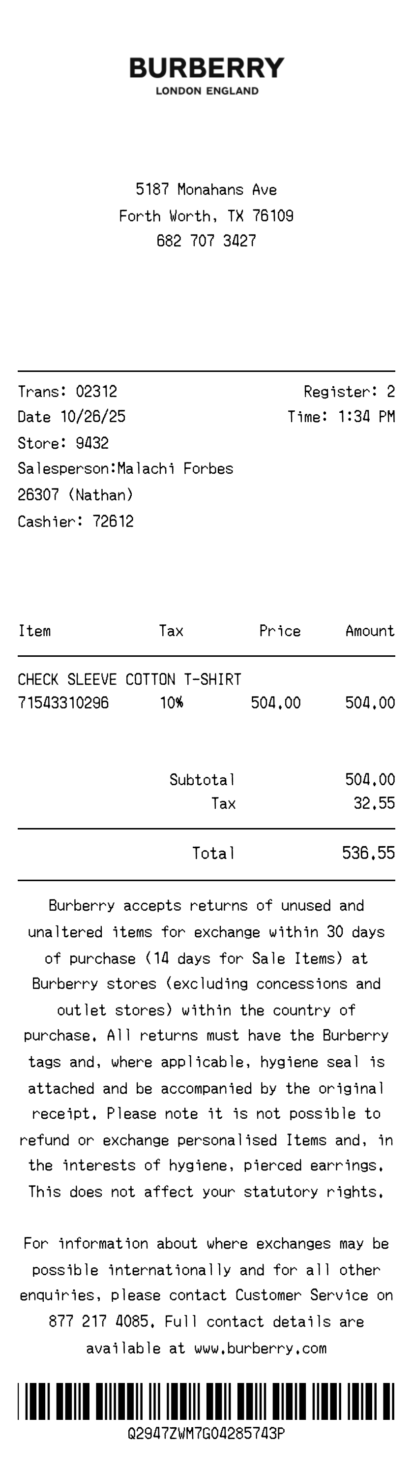 Burberry receipt