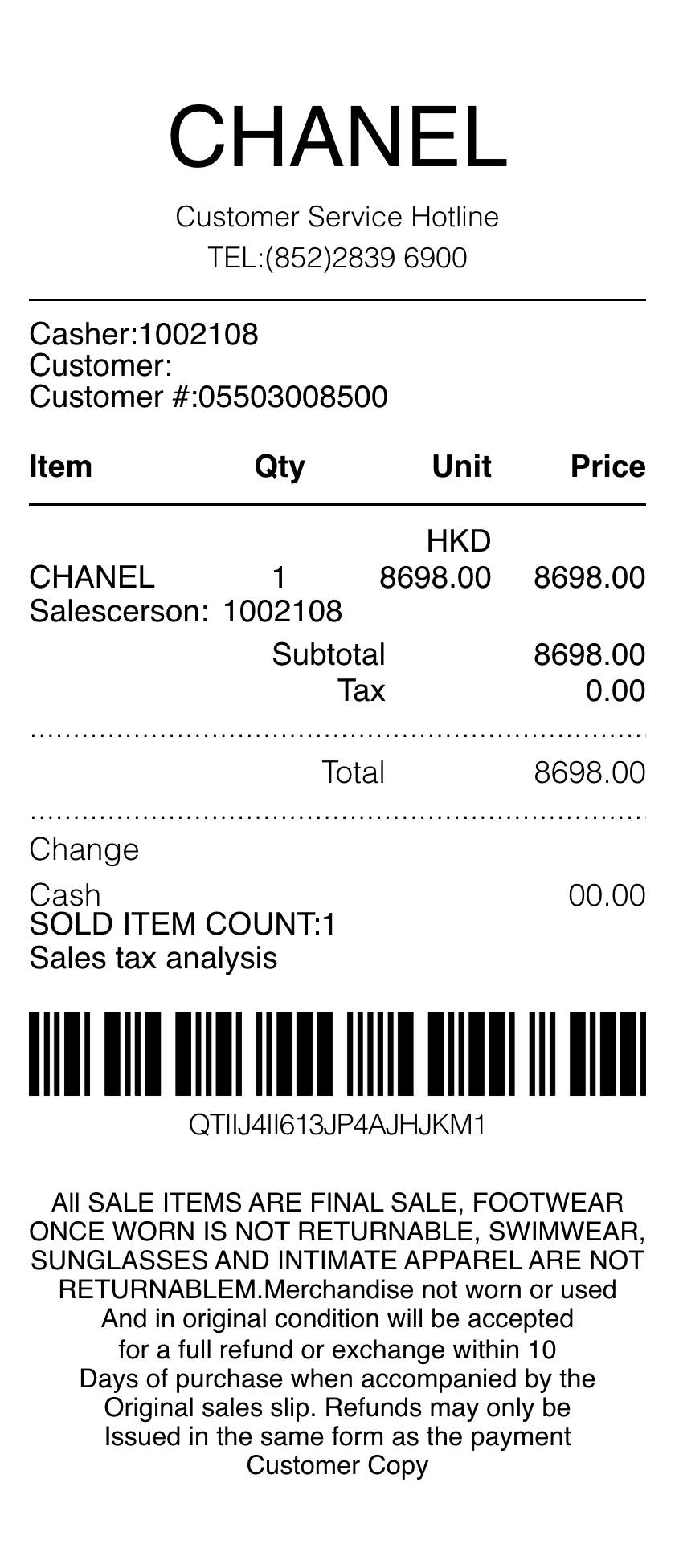 Chanel receipt