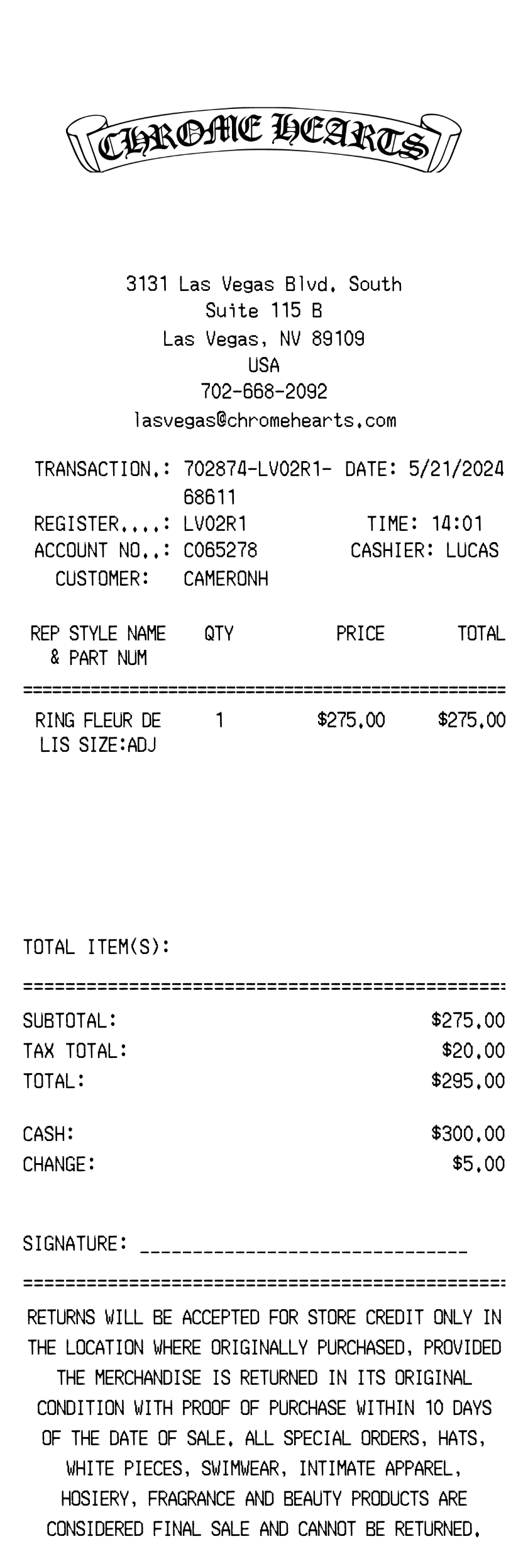 Chrome Hearts receipt