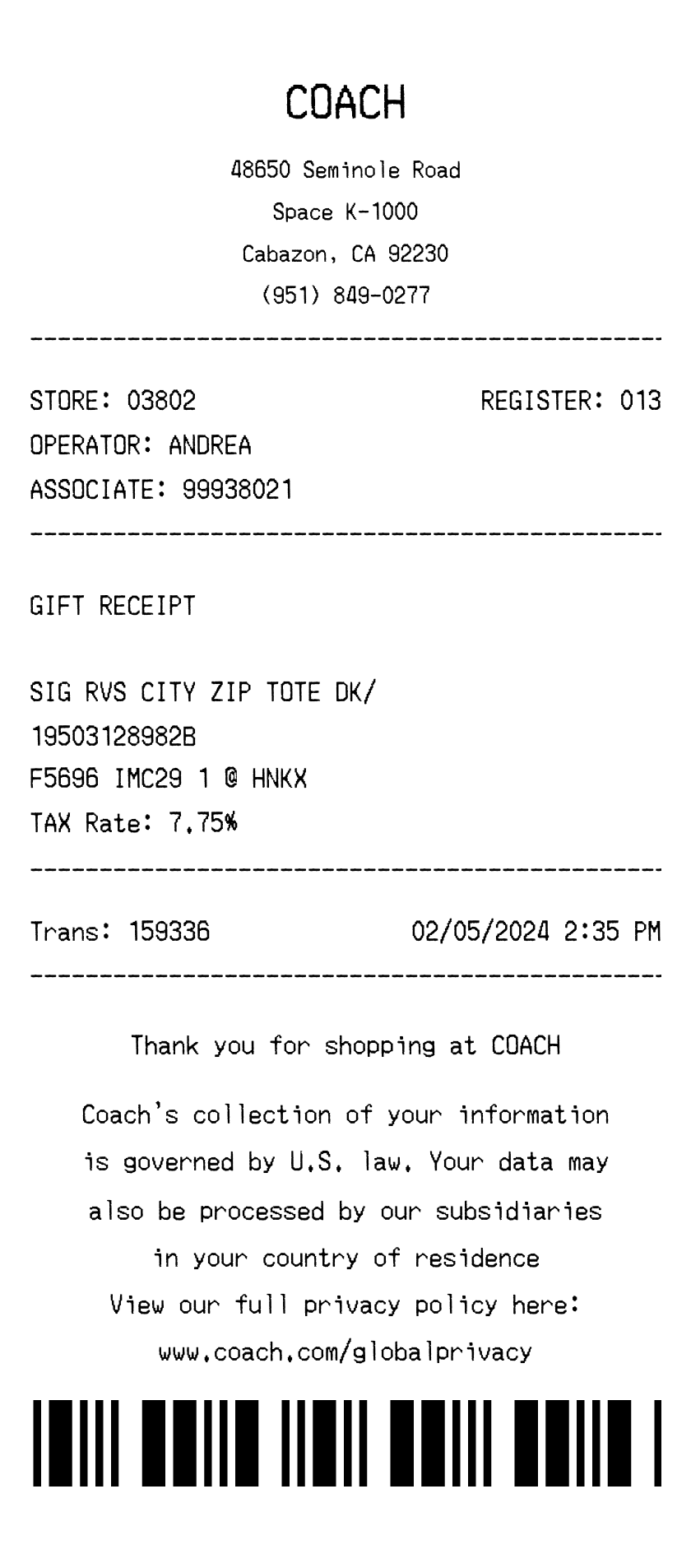 Coach receipt
