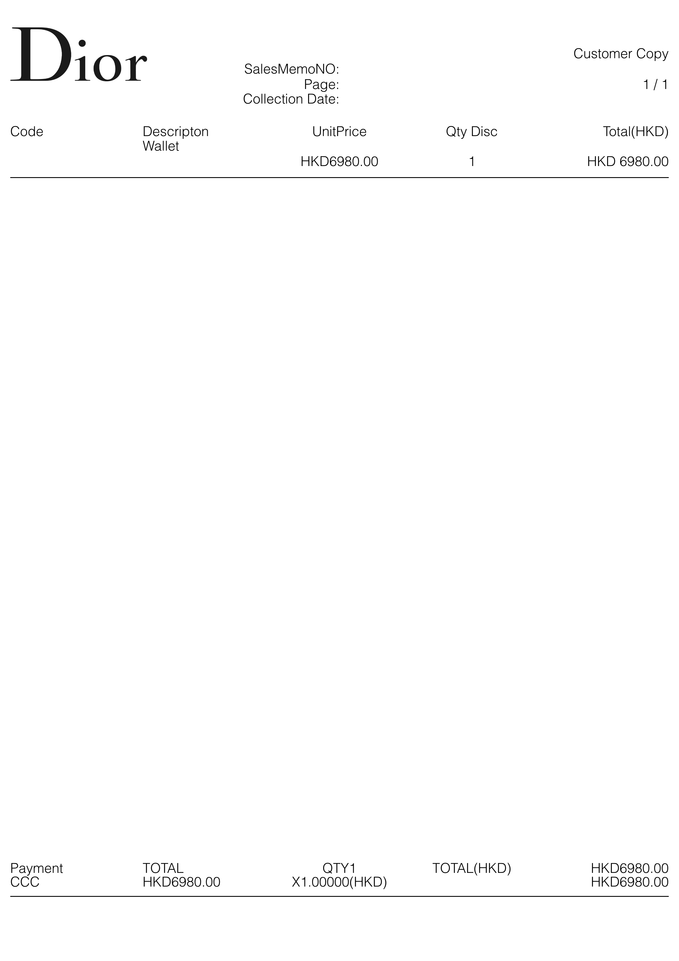 Dior receipt