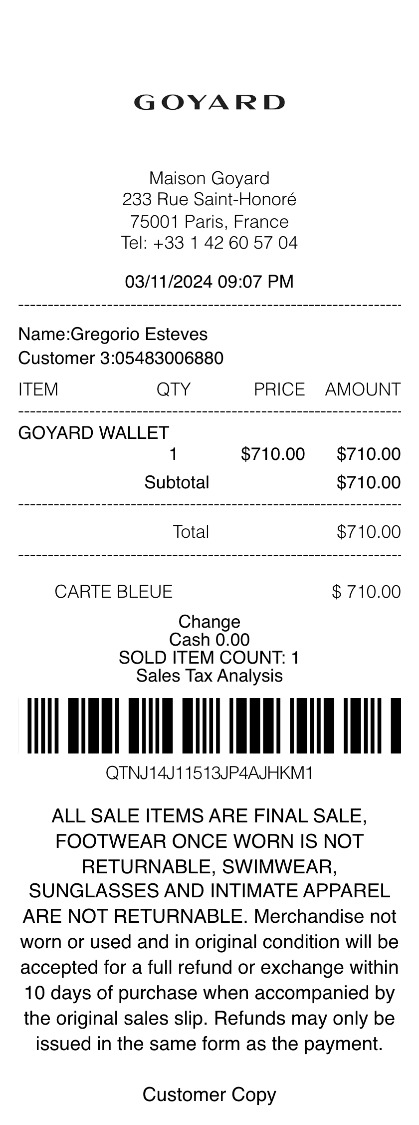Goyard receipt