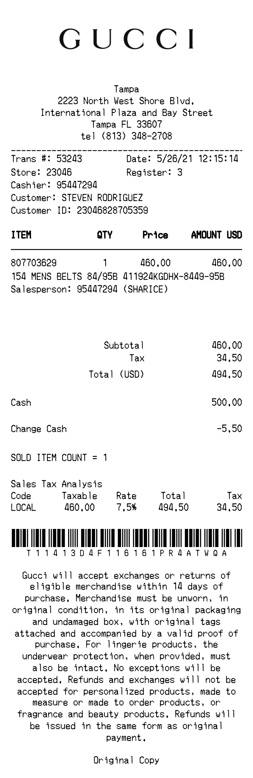 Gucci receipt
