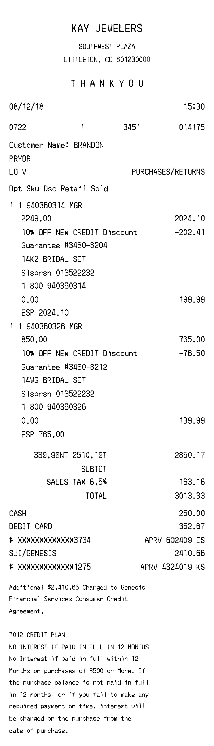 Kay Jewelers receipt