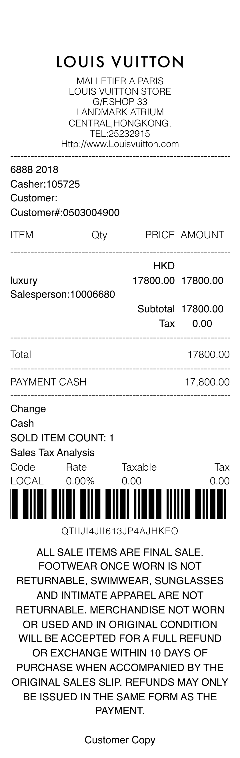 Louis Vuitton receipt
