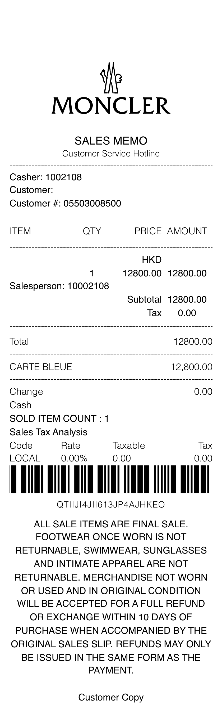 Moncler receipt