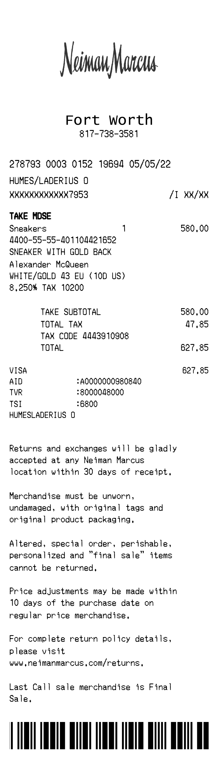 Neiman Marcus receipt