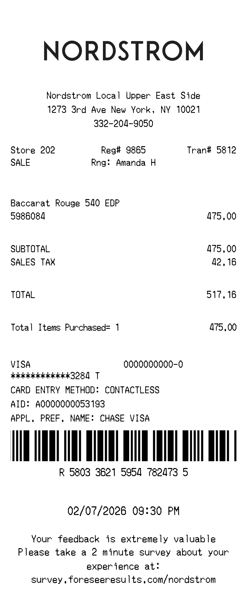 Nordstrom receipt