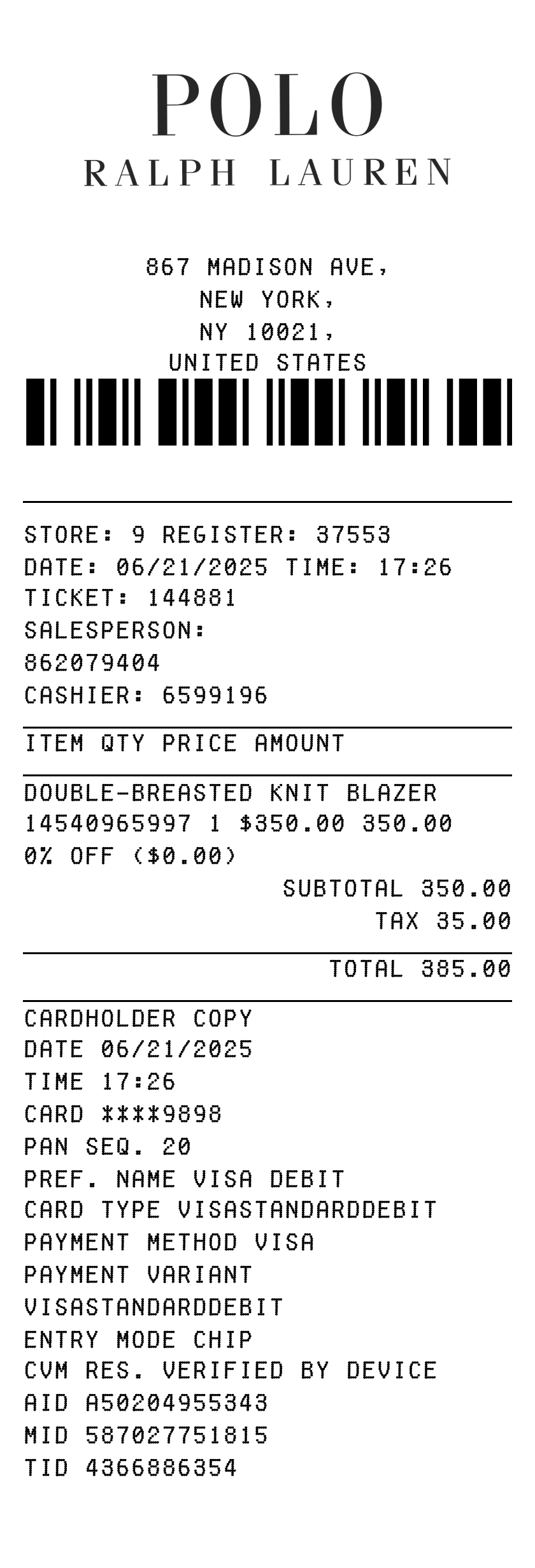 Polo Ralph Lauren receipt