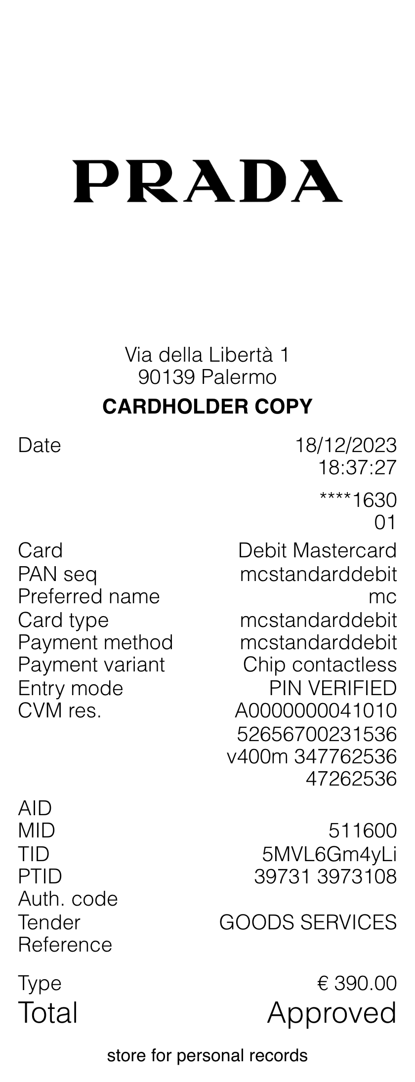 Prada receipt