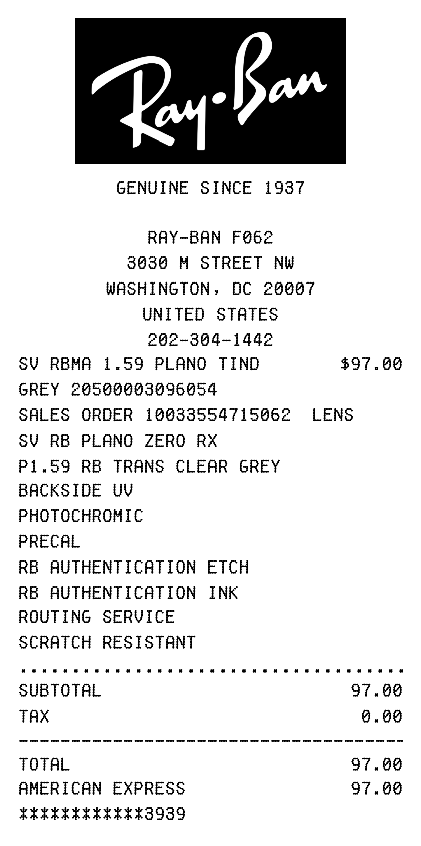 Ray-Ban receipt