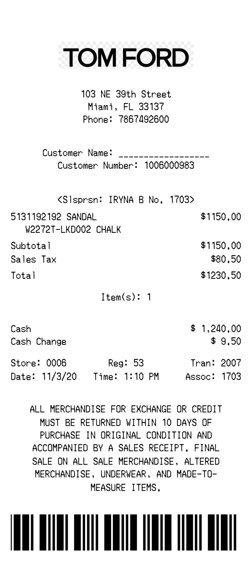 Tom Ford receipt