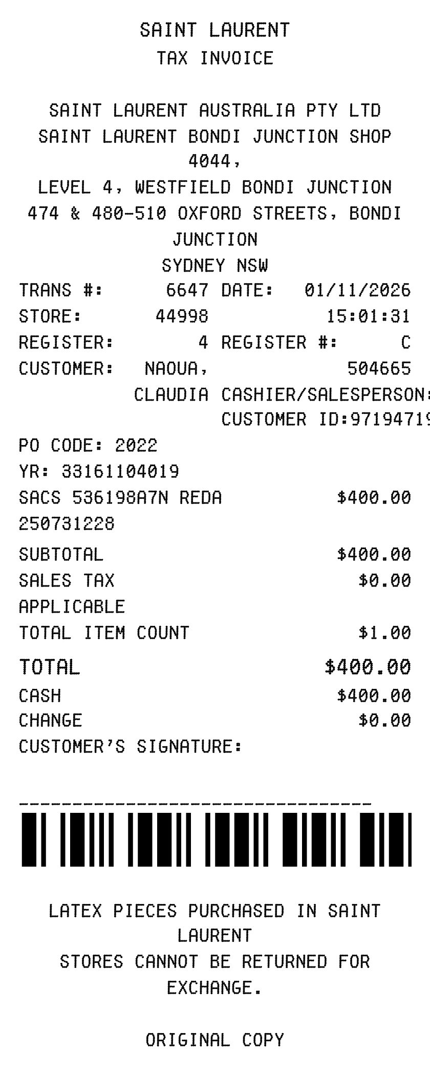 YSL receipt