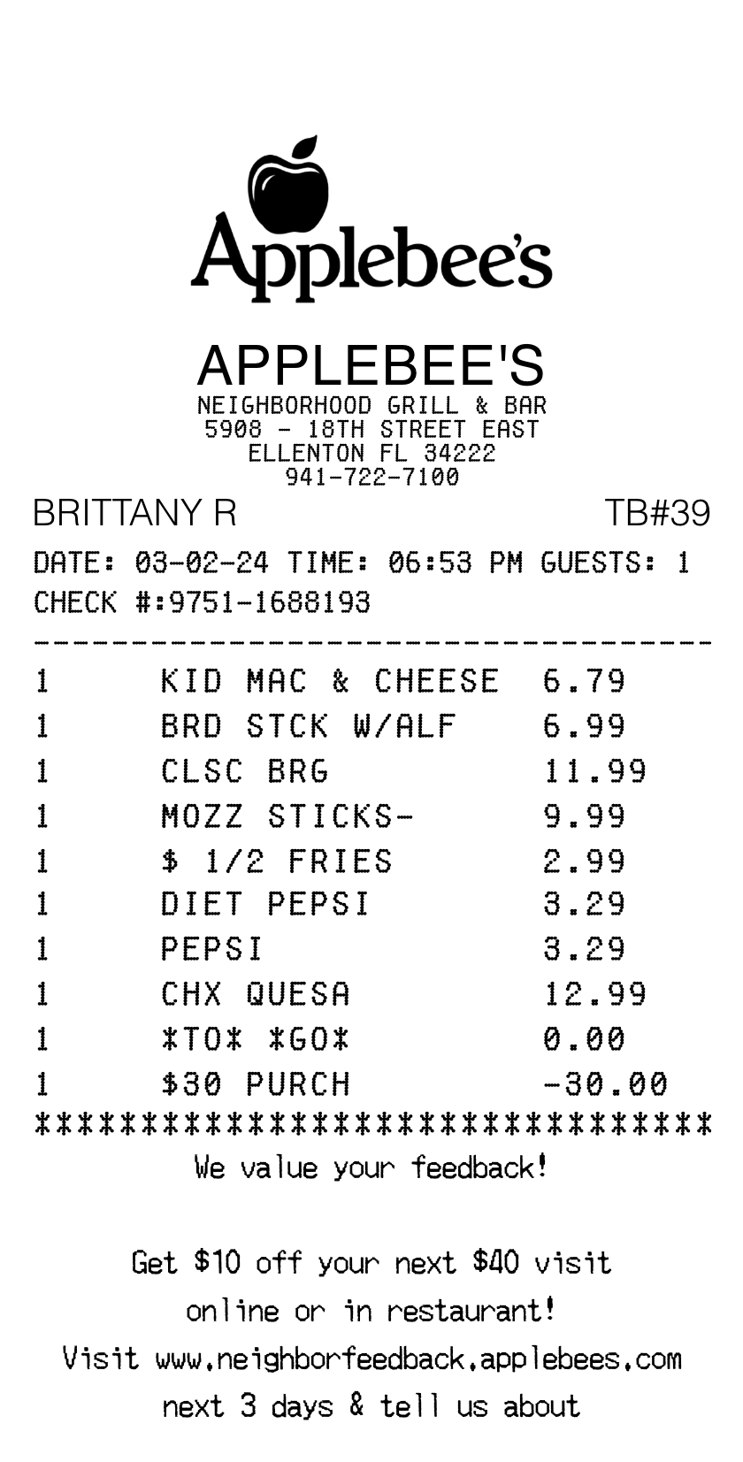 Applebee's receipt
