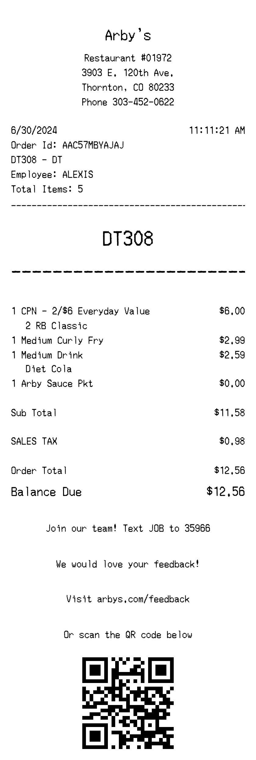 Arby's receipt