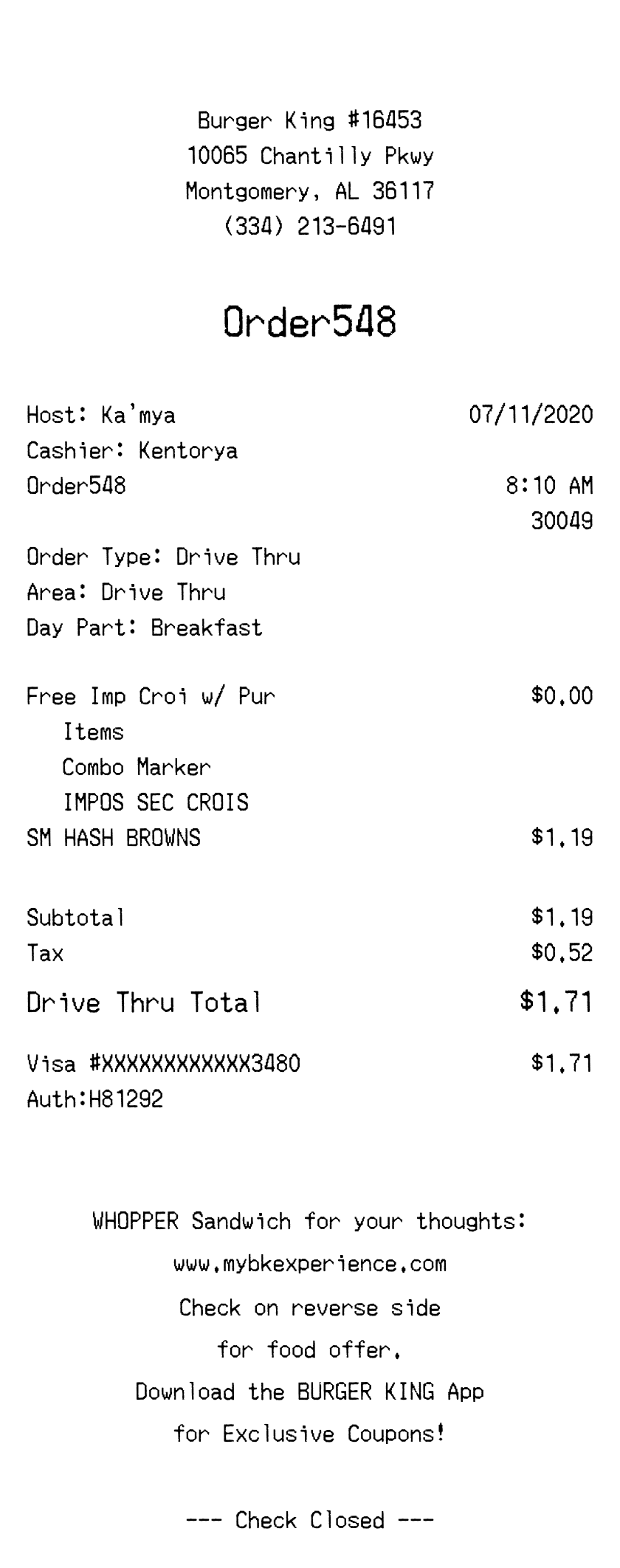 Burger King receipt
