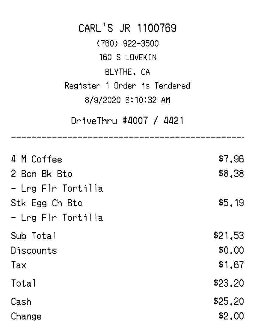 Carl's Jr. receipt