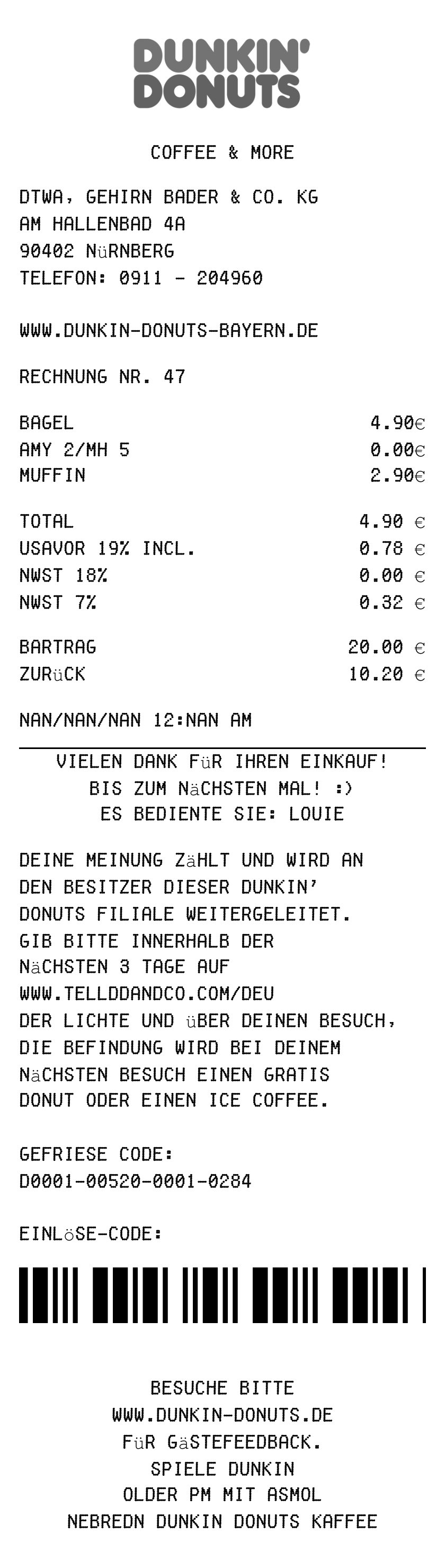 Dunkin Donuts receipt