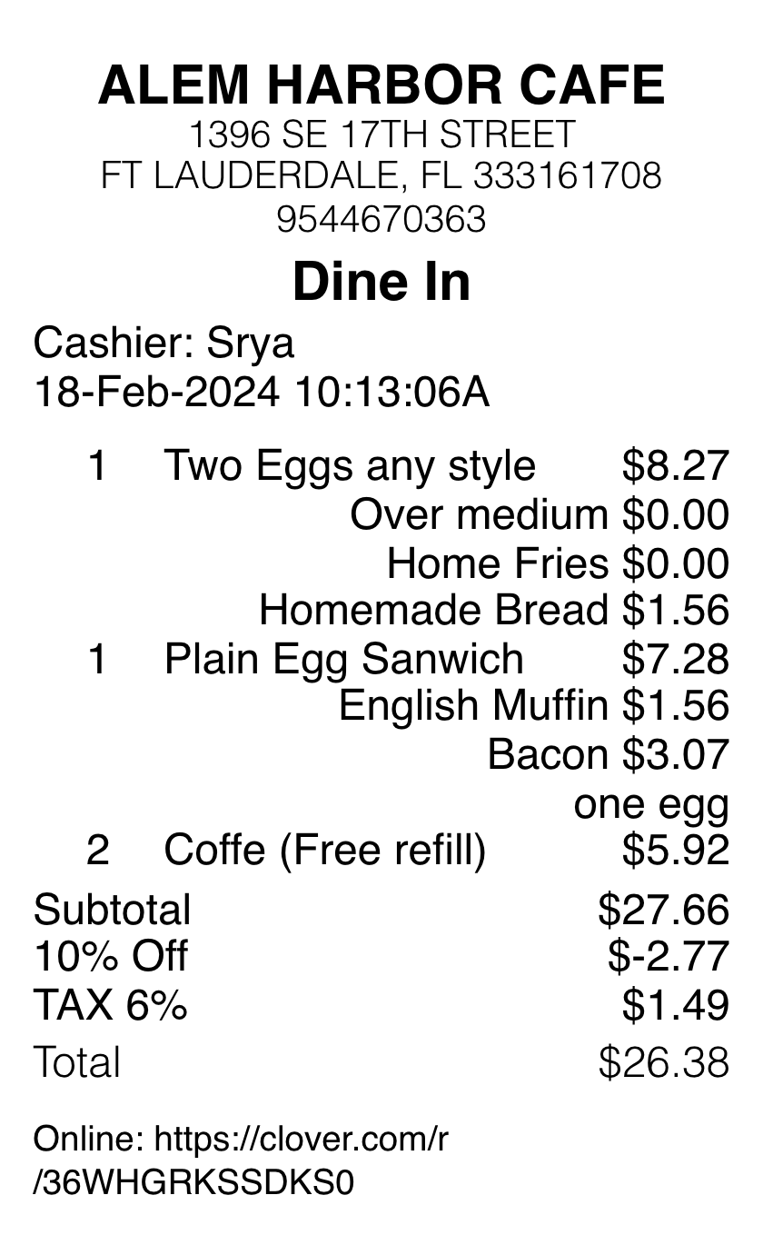 Harbor Cafe receipt