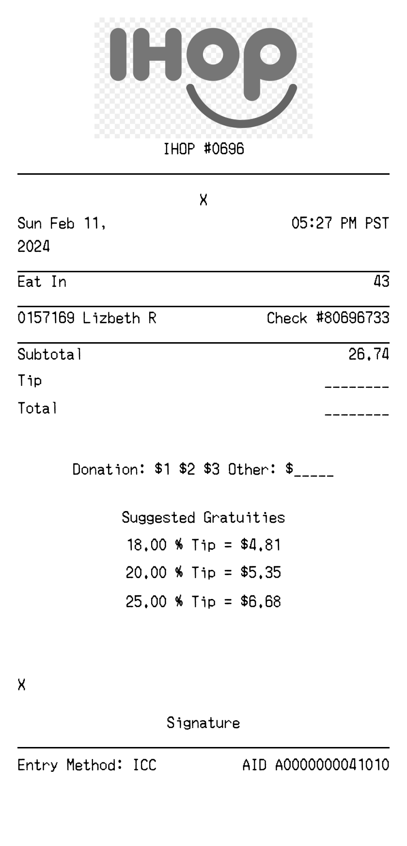 IHOP receipt