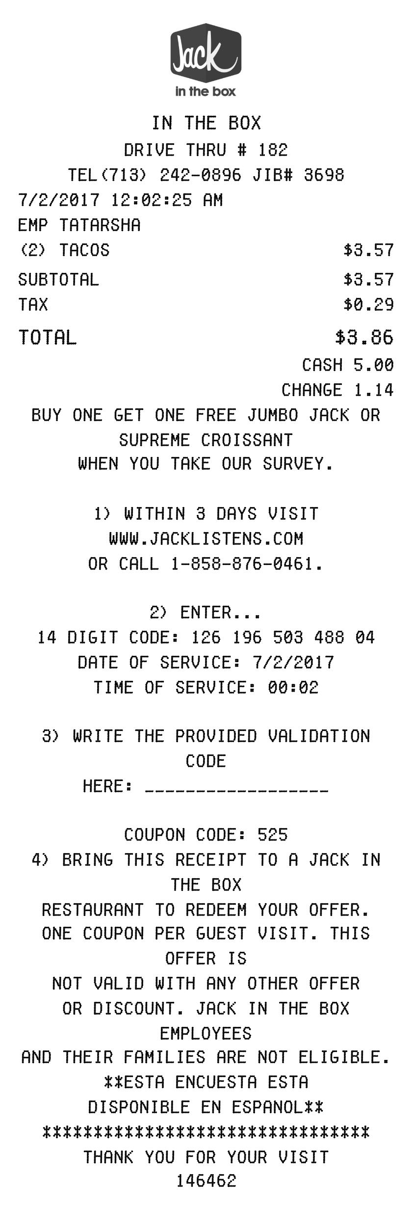 Jack in the Box receipt
