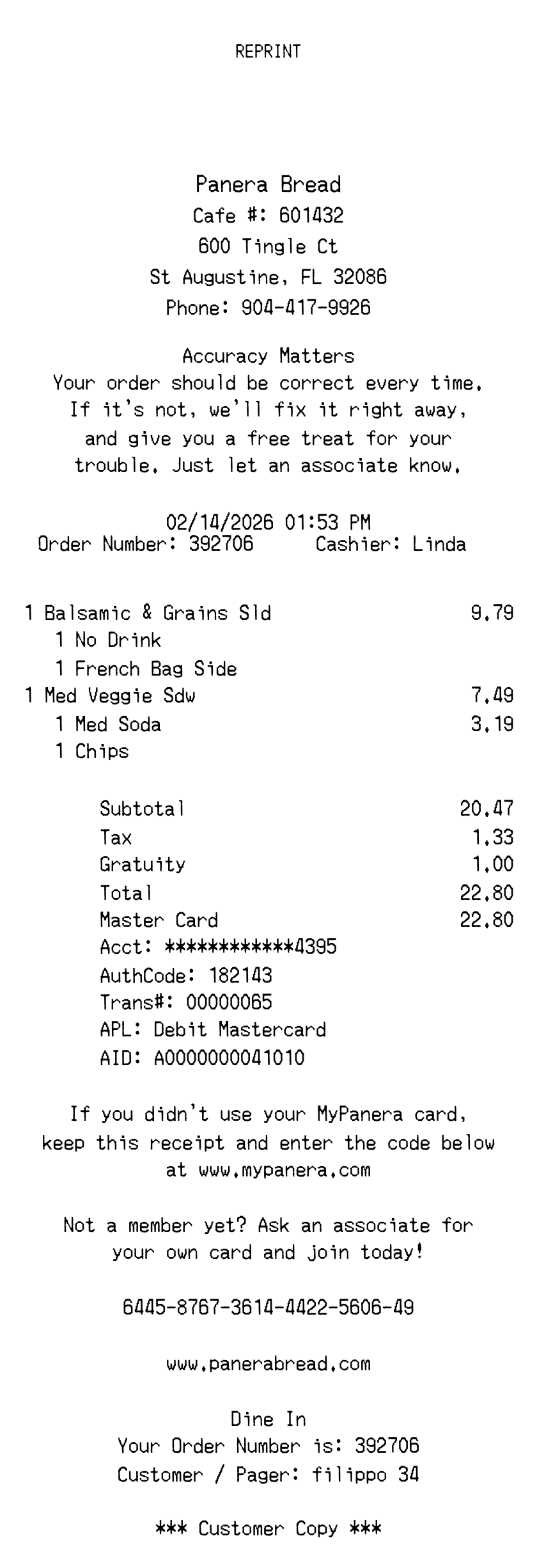Panera Bread receipt