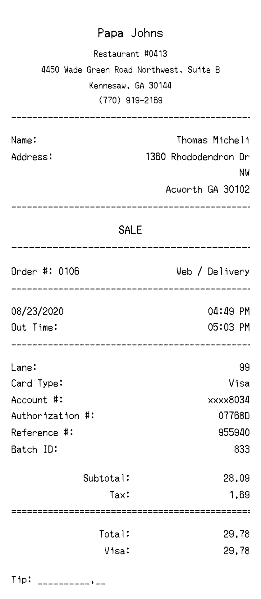 Papa Johns receipt