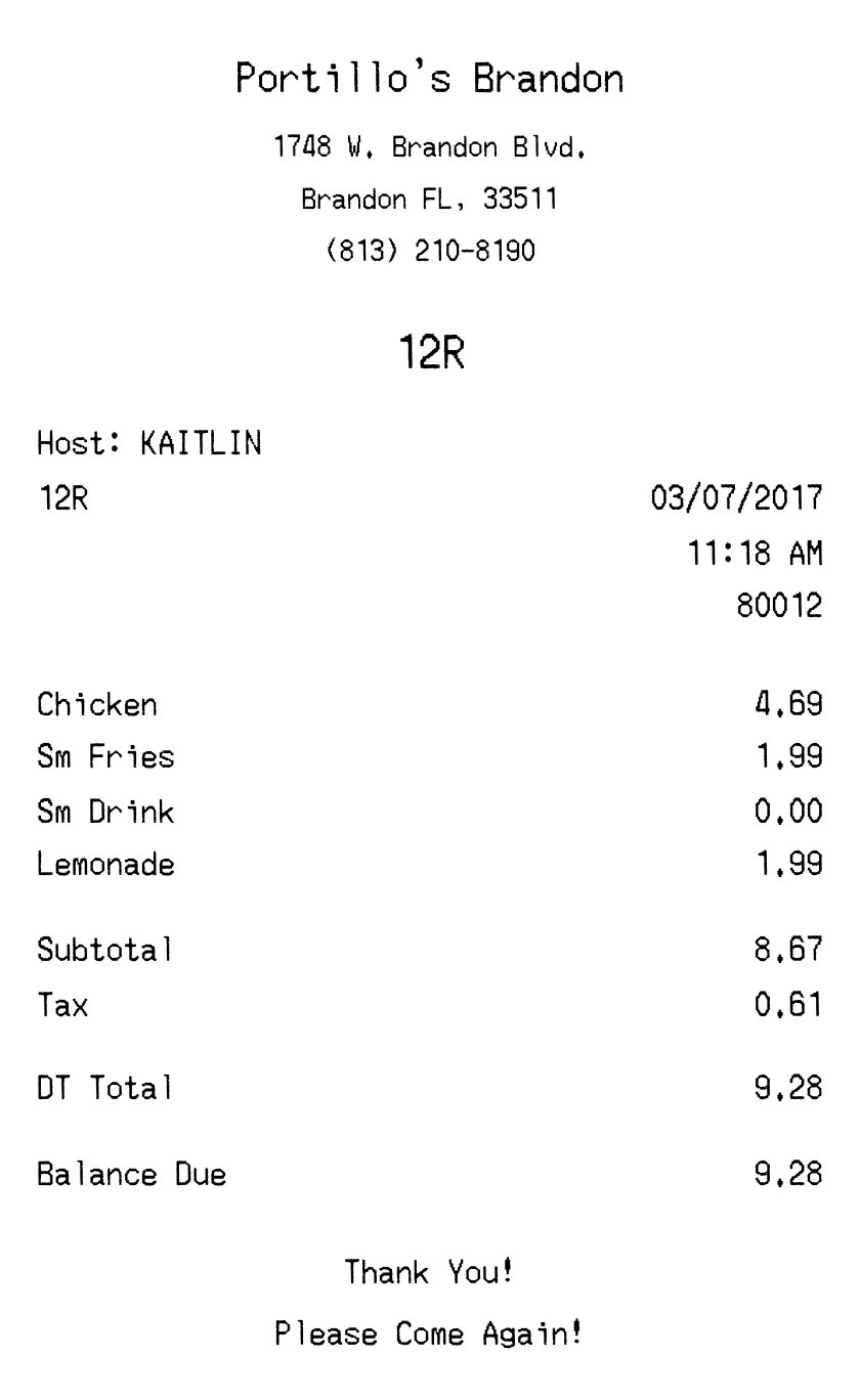 Portillo's receipt