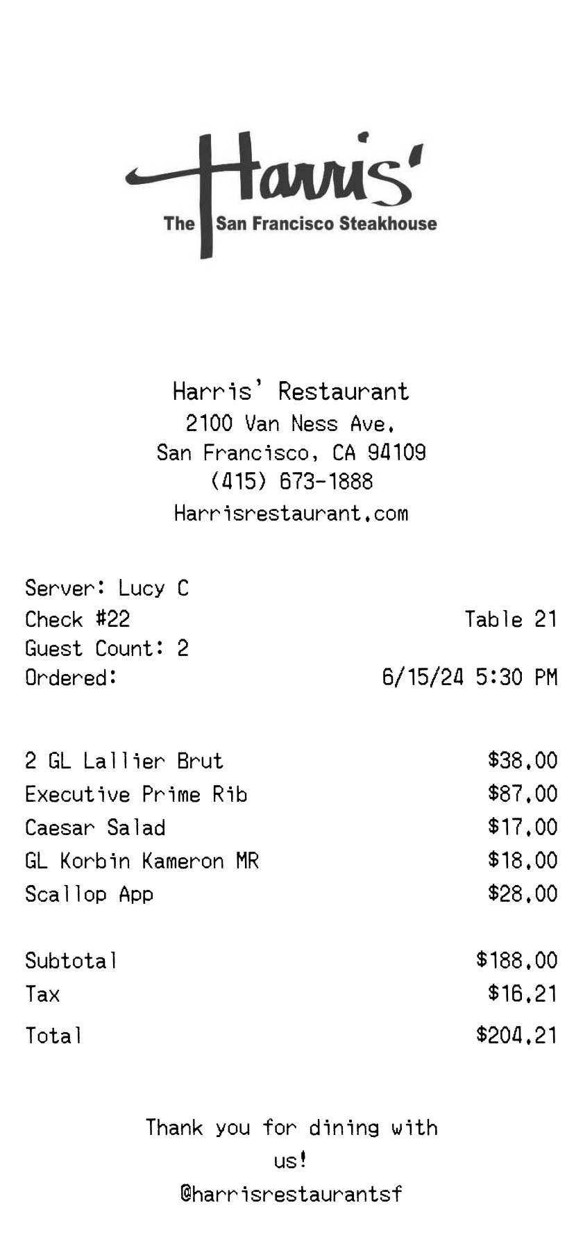 Restaurant receipt