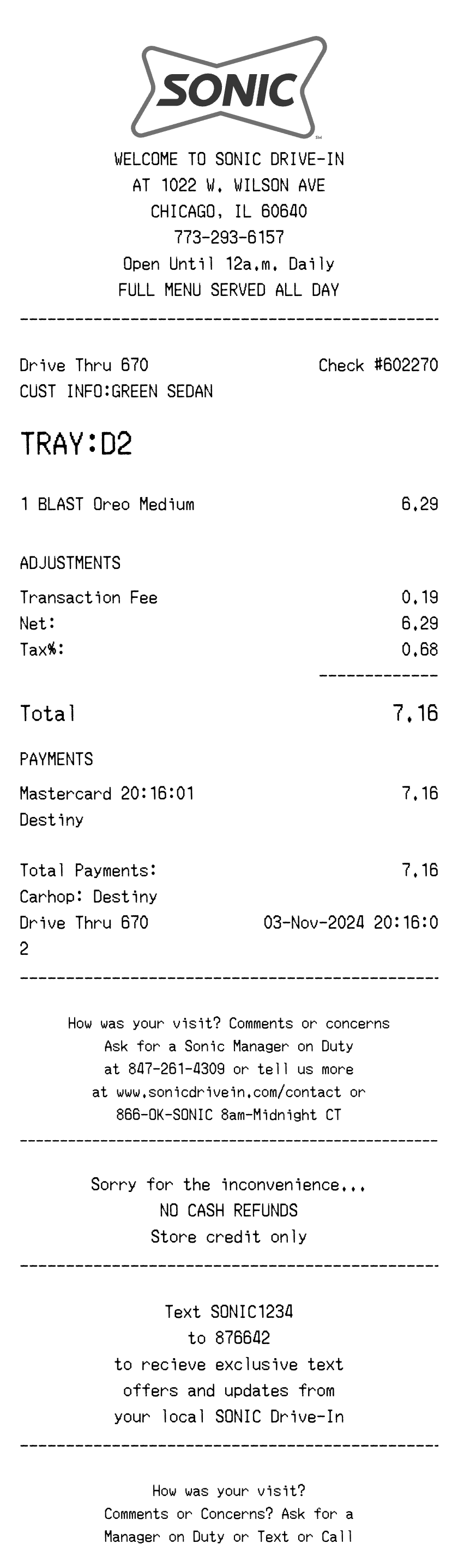 Sonic Drive-In receipt