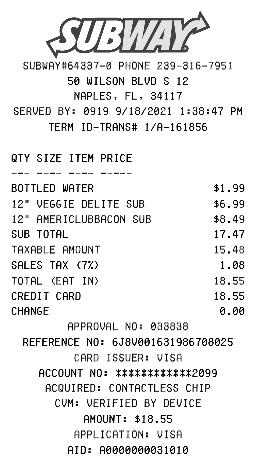 Subway receipt