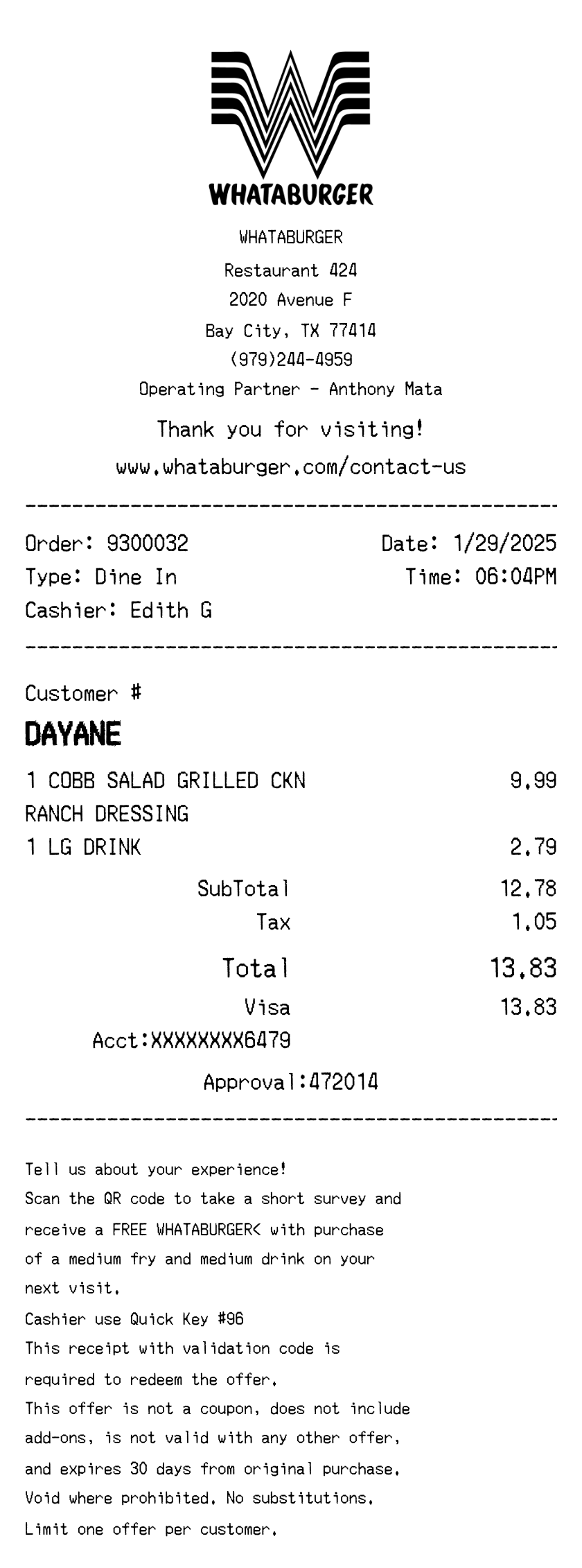 Whataburger receipt