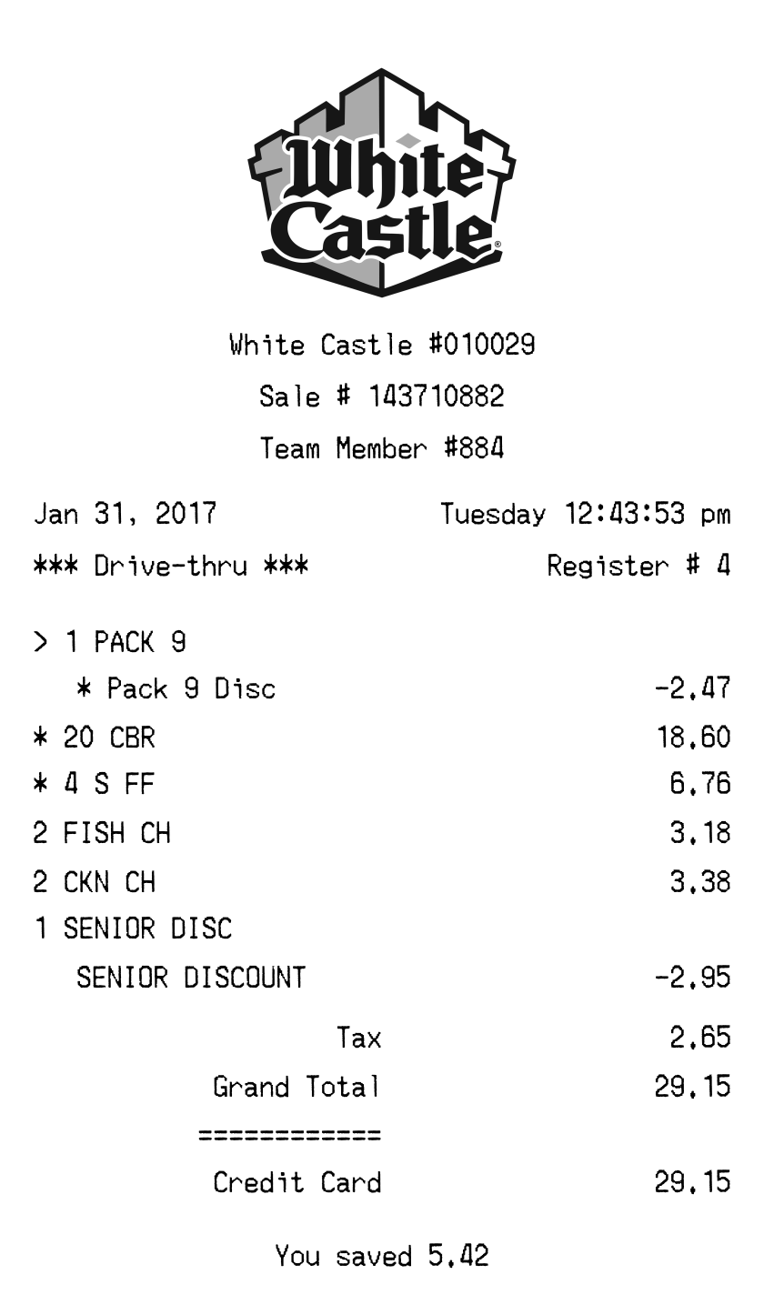 White Castle receipt