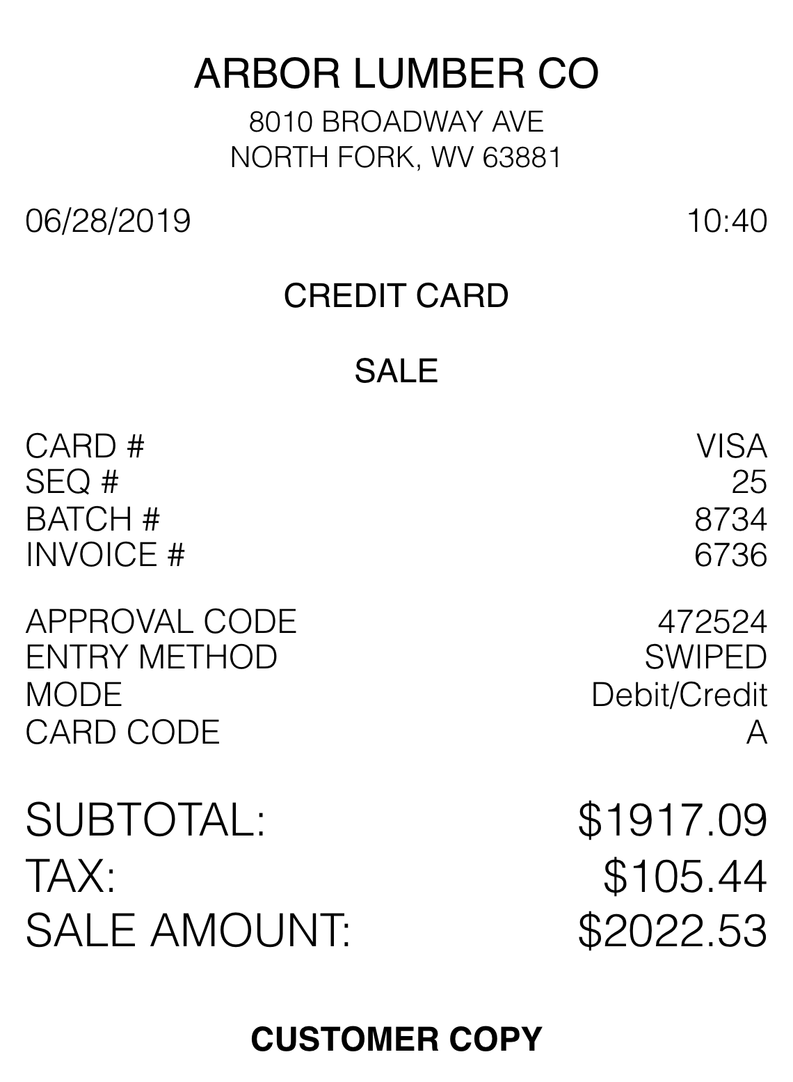 Customer Copy receipt