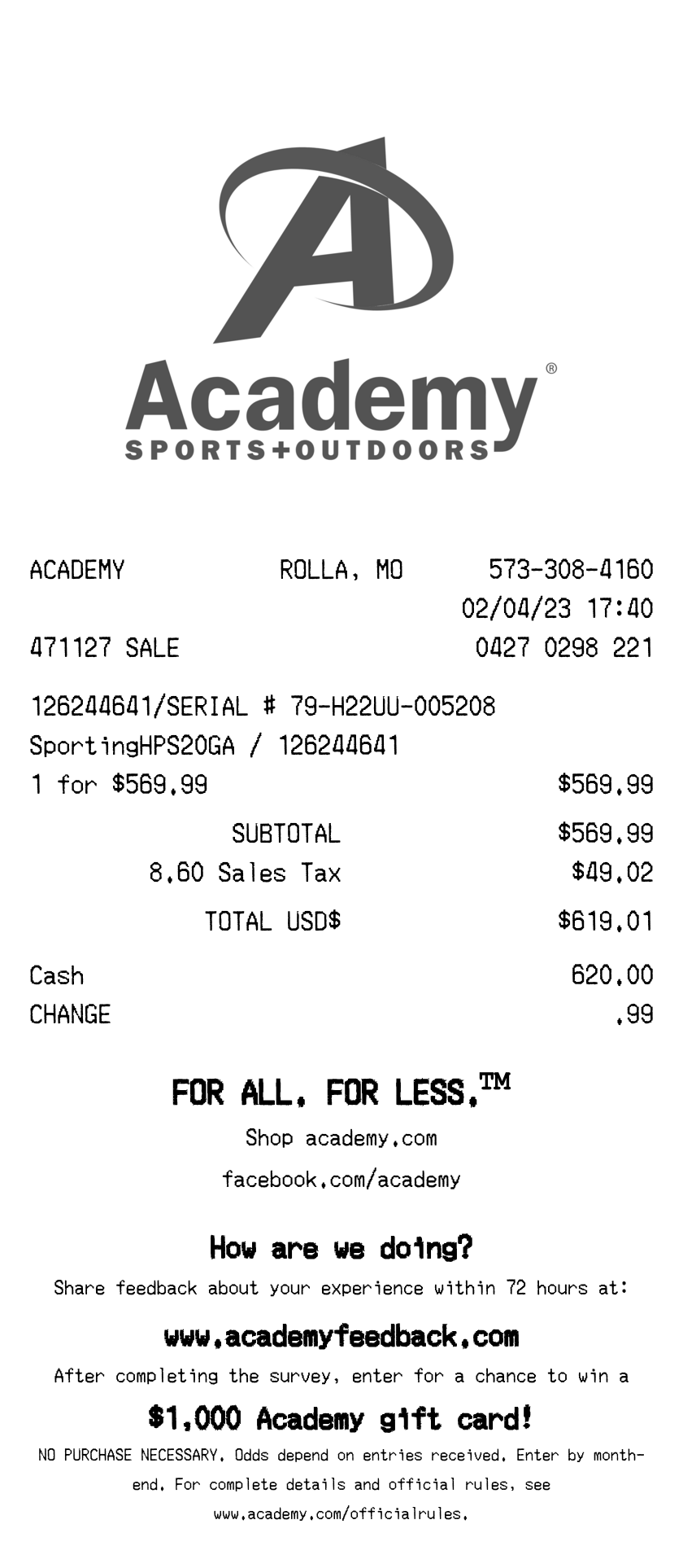 Academy Sports receipt