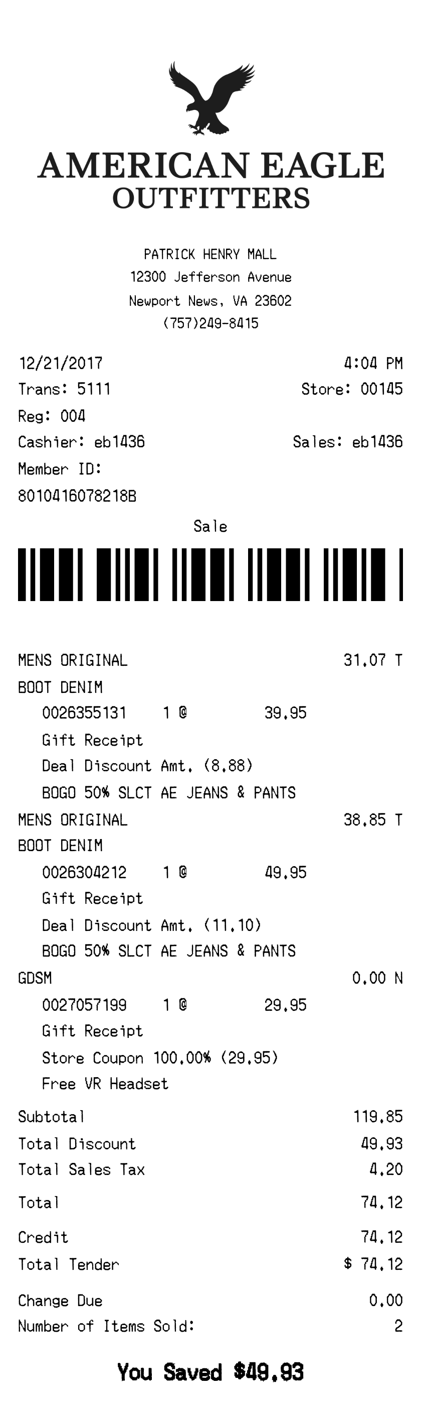 American Eagle receipt