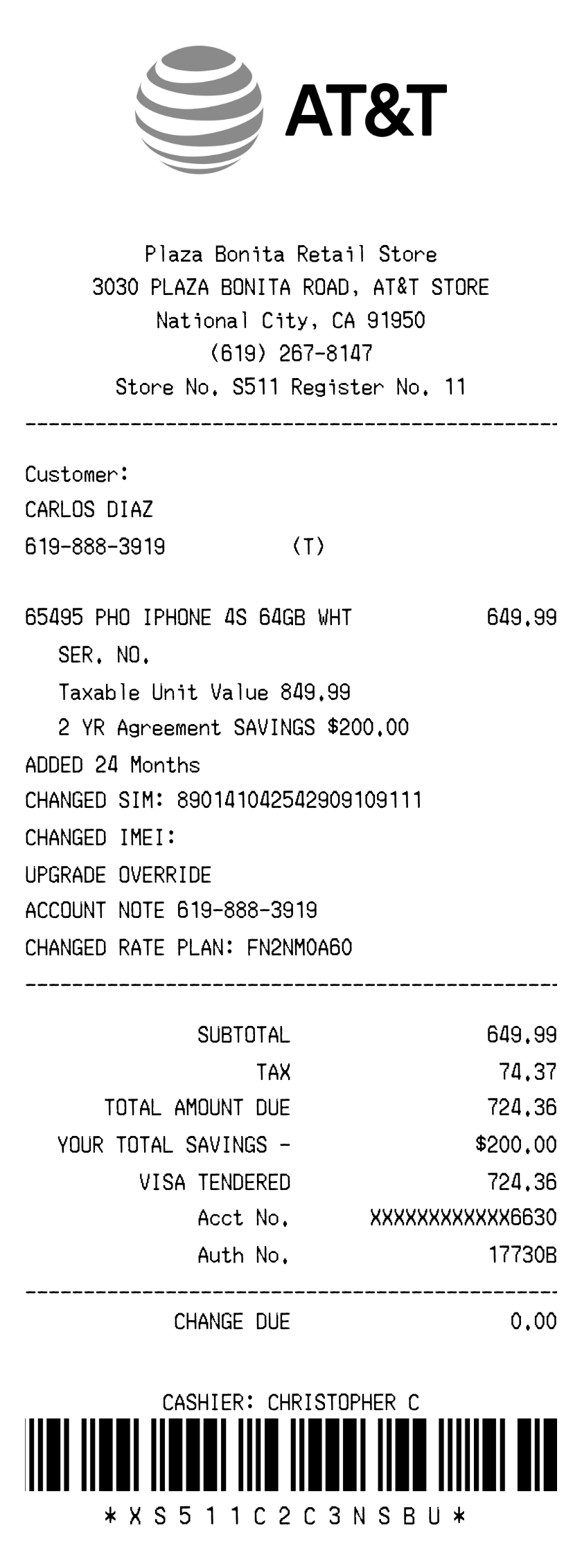 AT & T receipt