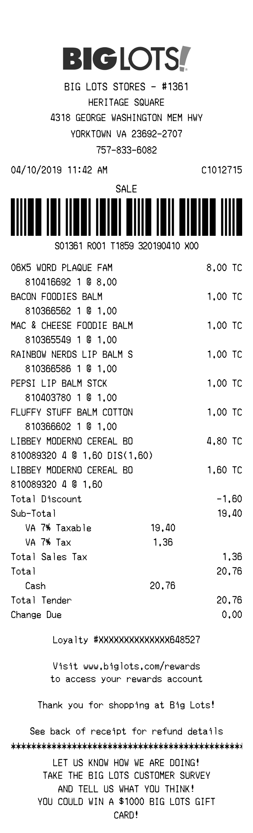 Big Lots receipt