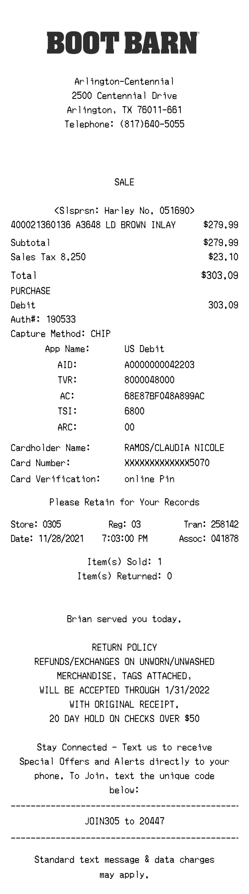Boot Barn receipt