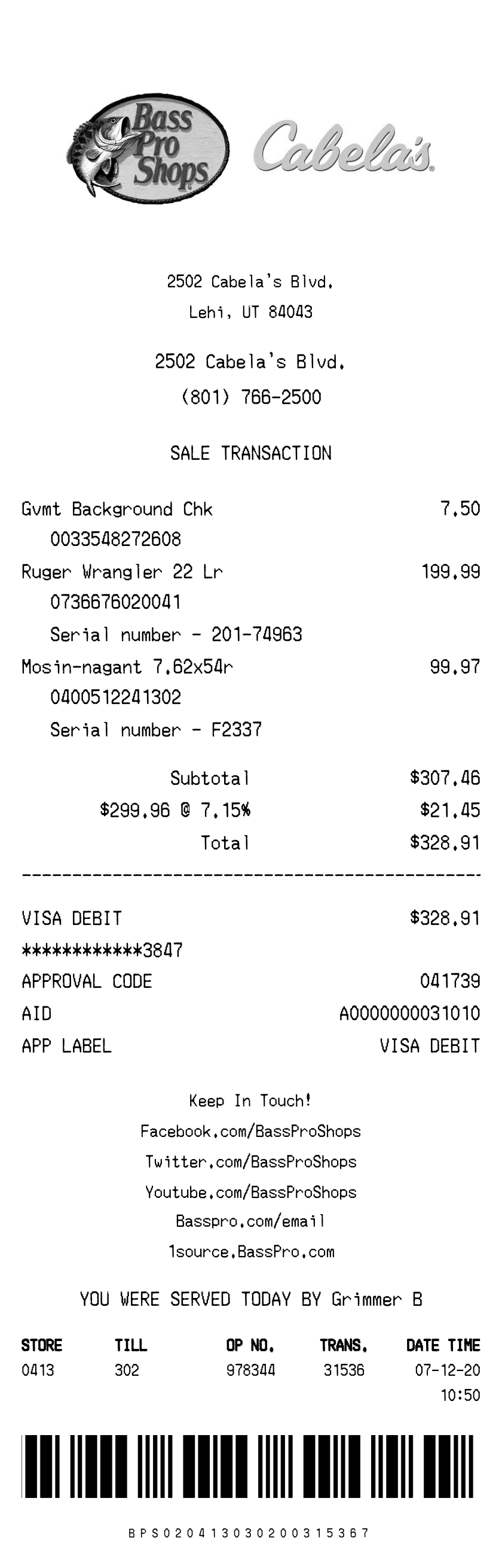 Cabela's receipt