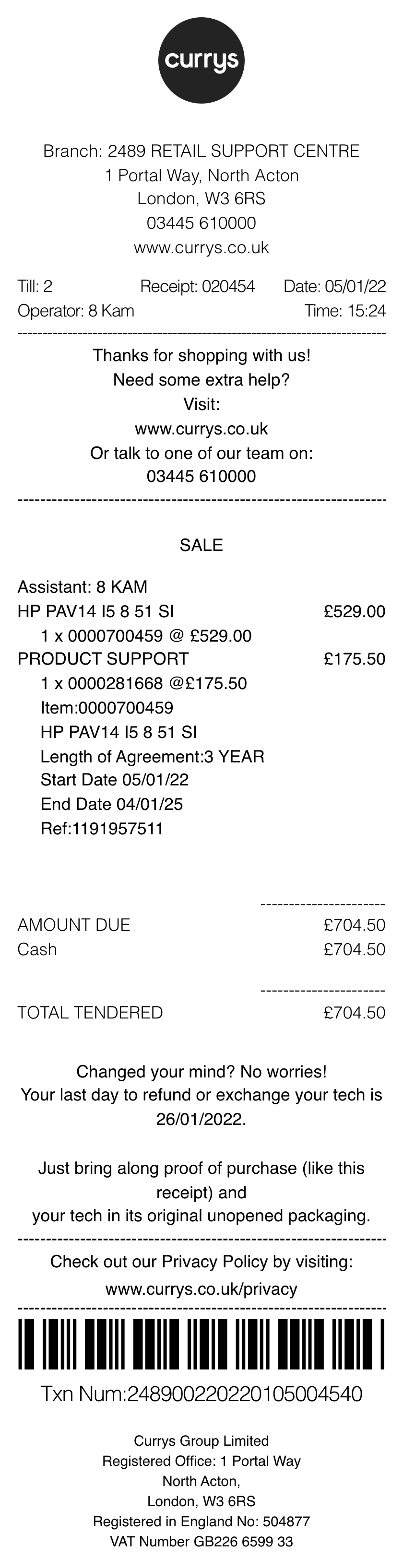 Currys receipt