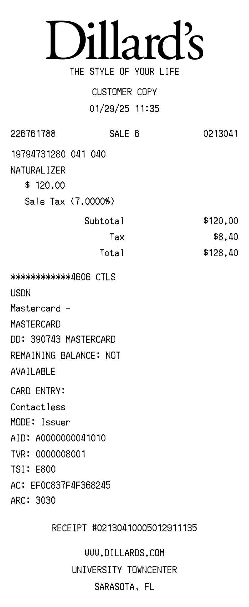 Dillards receipt