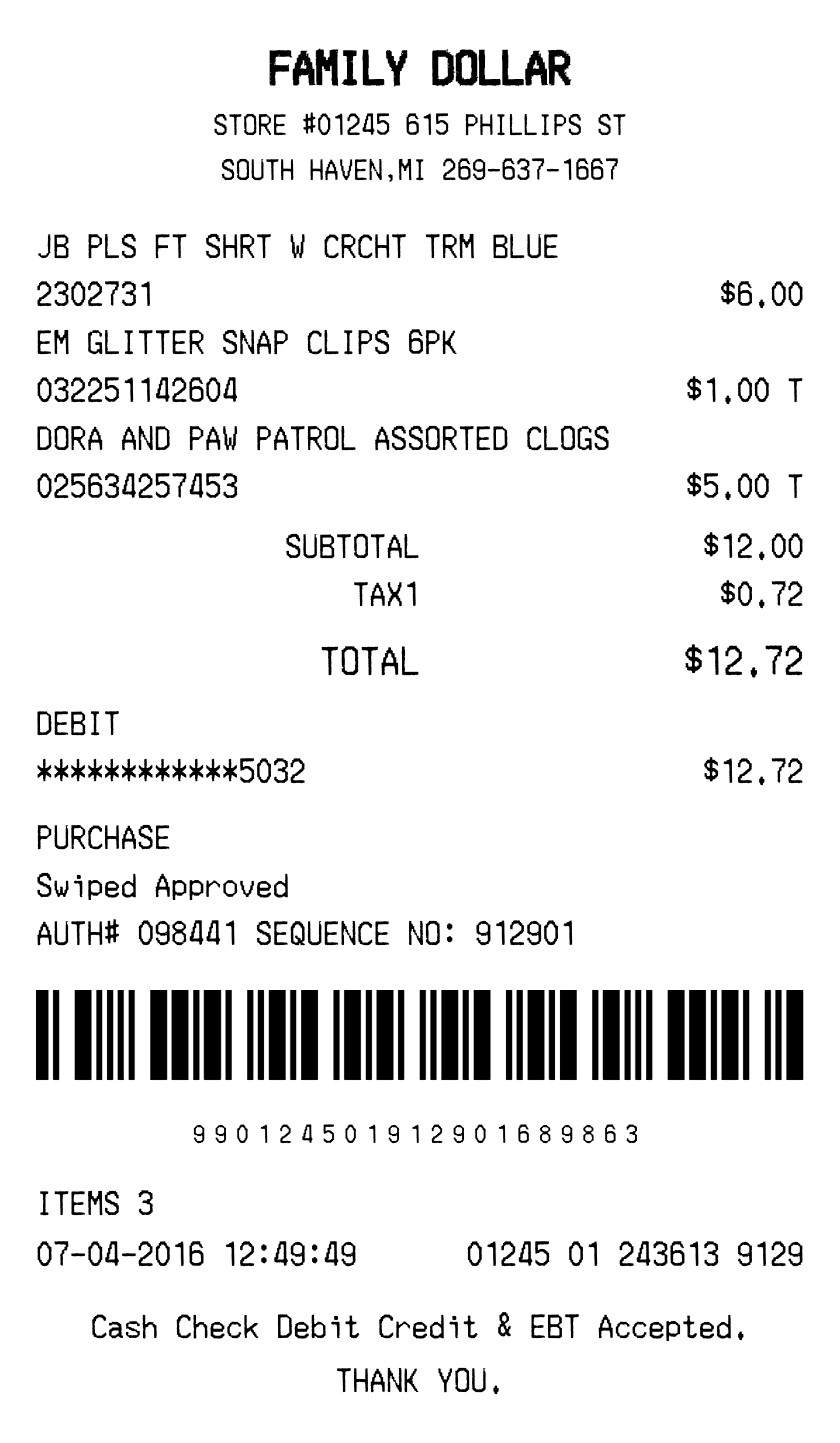 Family Dollar receipt