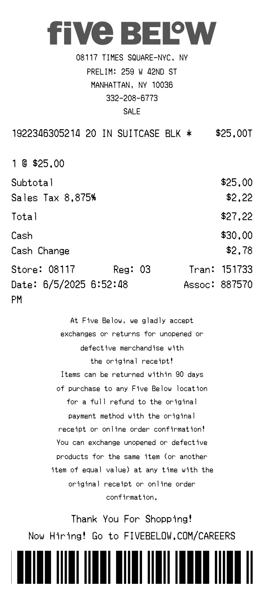 Five Below receipt