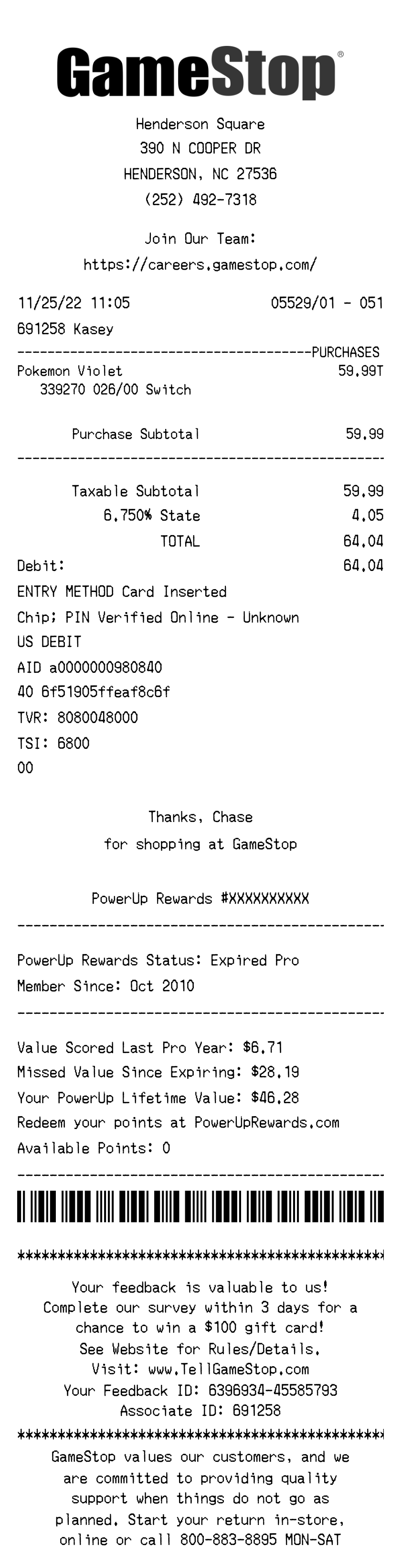 GameStop receipt